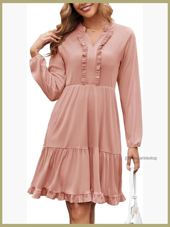 Dresses & Skirts - Casual Pleated Long Sleeve Midi Dress with Pockets